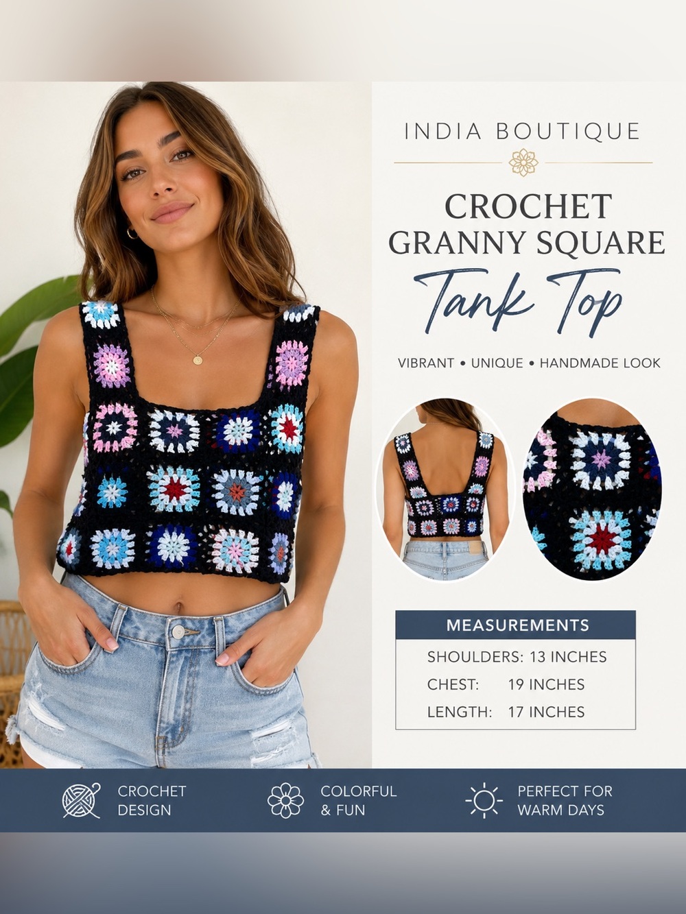 India Boutique Crochet Granny Square Tank Top Boho Festival Crop Top - Picture 1 of 4